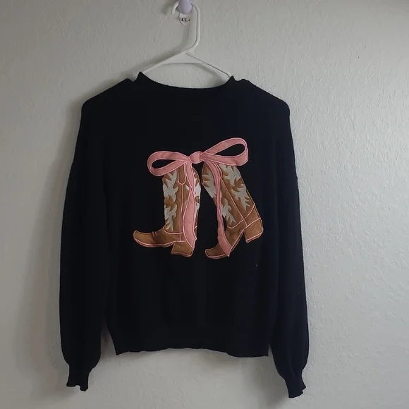 Threaded Leaf Cowboy Boots Black Sweater with Pink Boot Design Size S - Picture 1 of 8